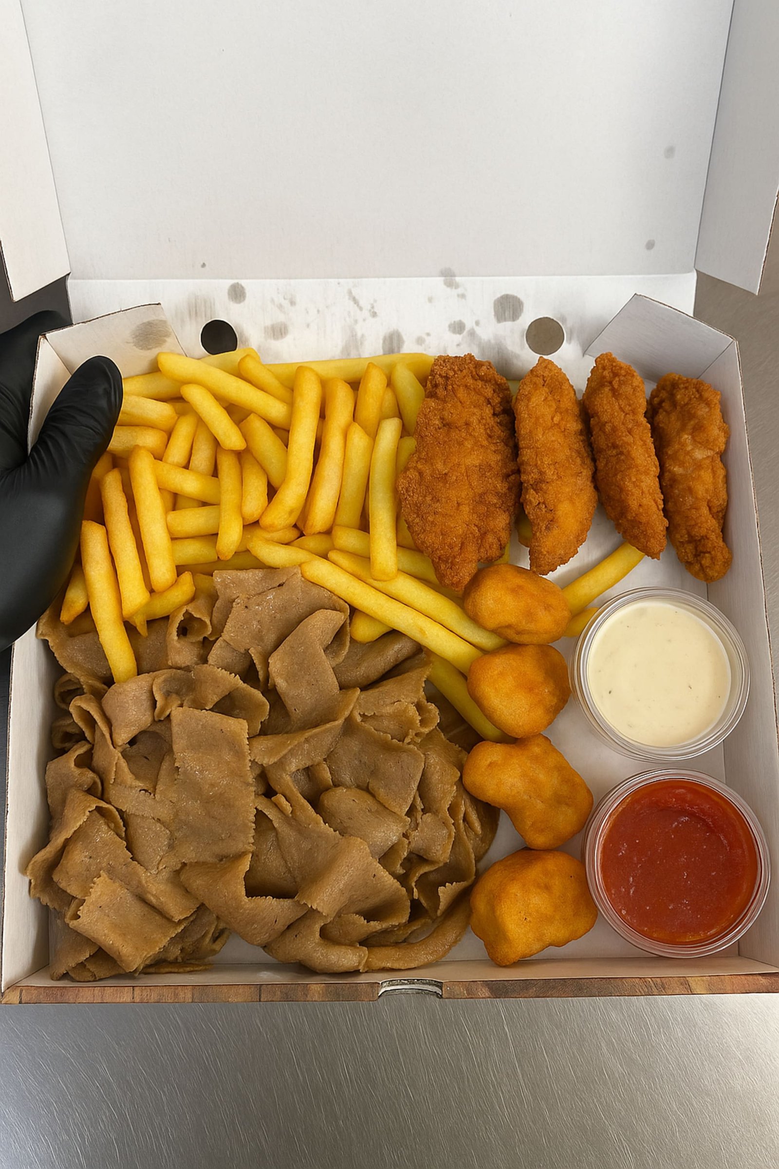 Doner Meat, 4pcs Chicken Strips , 4pcs Chicken Nuggets &Chips